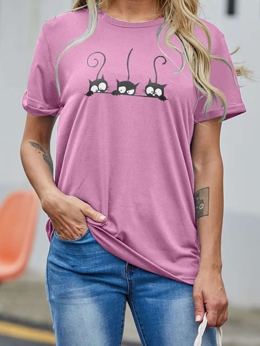 Niubia Pink Cat Graphic Short Sleeve Tee -XL